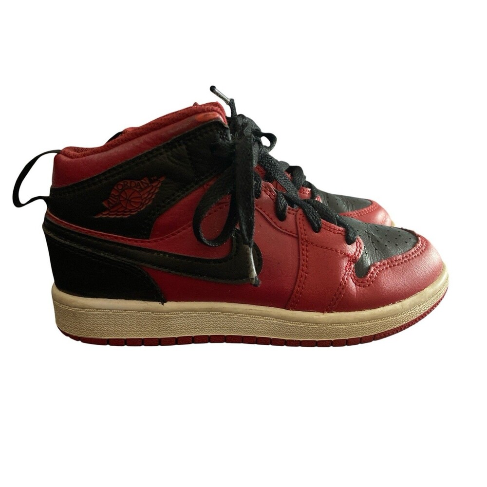 Nike Air Jordan‎ 1 Mid Kids Sneakers Size 1Y Red Black Bred Retro